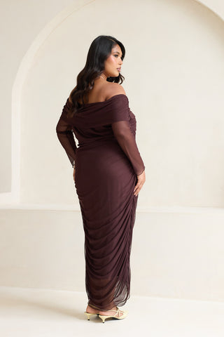 Curve Bardot Ruched Mesh Midaxi Dress