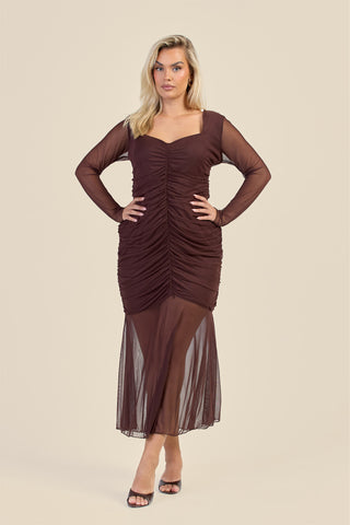 Curve Ruched Body Mesh Drop Hem Maxi Dress