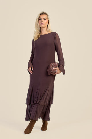 Curve Godet Skirt Flare Sleeve Mesh Maxi Dress