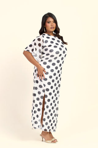 Curve Flutter Sleeve Large Polka Dot Ruched Side Maxi Dress