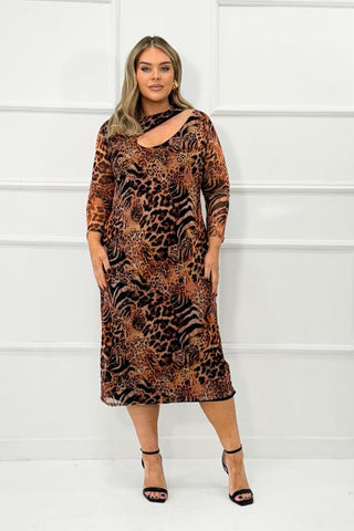 Curve animal print cut out detail mesh midaxi dress