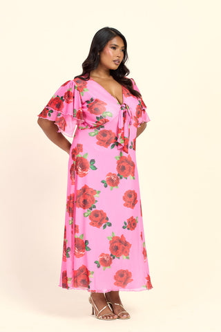 Curve Bold Floral Flutter Sleeve Tie Front Midi Dress