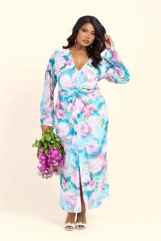 Curve Blurred Floral Pastel Flare Sleeve Twist Front Midi Dress