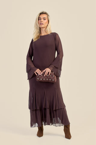 Curve Godet Skirt Flare Sleeve Mesh Maxi Dress