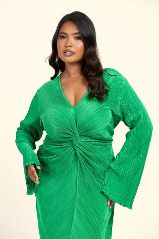 Curve Twist Front Plisse Flare Sleeve Midaxi Dress