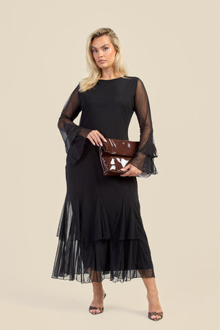 Curve Godet Skirt Flare Sleeve Mesh Maxi Dress
