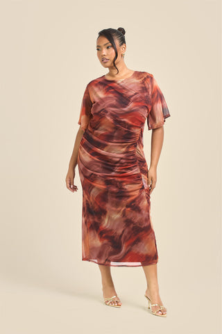 Curve angel sleeve abstract mesh midi dress