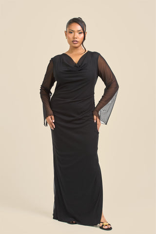 Curve Cowl Neck Long Sleeve Mesh Maxi Dress