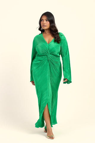 Curve Twist Front Plisse Flare Sleeve Midaxi Dress