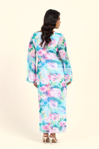 Curve Blurred Floral Pastel Flare Sleeve Twist Front Midi Dress