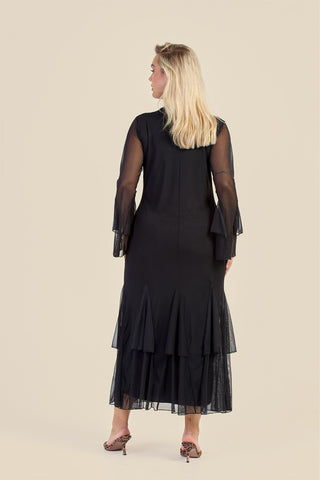 Curve Godet Skirt Flare Sleeve Mesh Maxi Dress