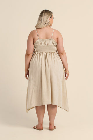 Curve Shirred Waist Linen Look Midi Dress