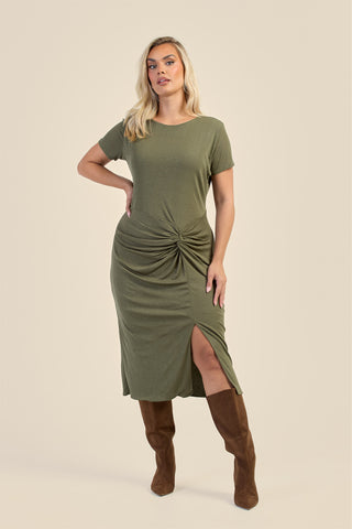 Curve Textured Knit Knotted Front Midi Dress