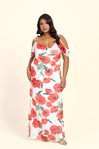 Curve Cold Shoulder Poppy Print Strappy Maxi Dress