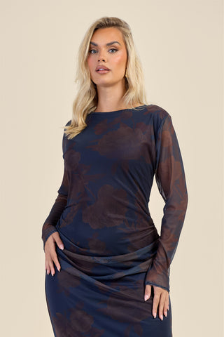 Curve Long Sleeve Ruched Midaxi Dress In Floral Print