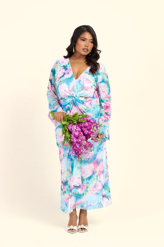 Curve Blurred Floral Pastel Flare Sleeve Twist Front Midi Dress