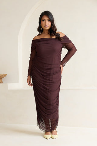 Curve Bardot Ruched Mesh Midaxi Dress