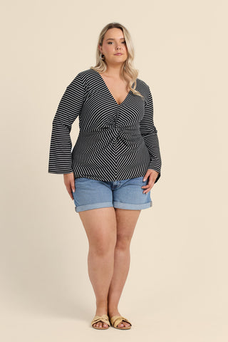 Curve Monochrome Knitted Stripe Twist Front Flare Sleeve Top