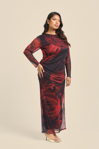 Curve rose print ruched midaxi dress