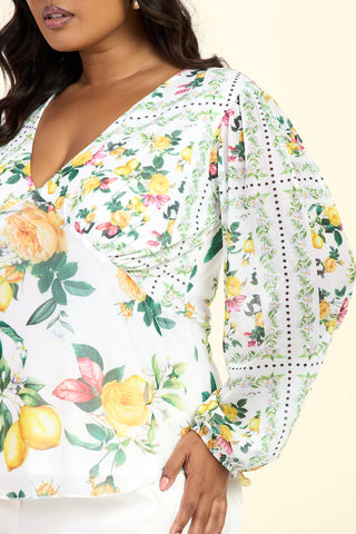 Curve Mixed Lemon Print Balloon Sleeve Blouse