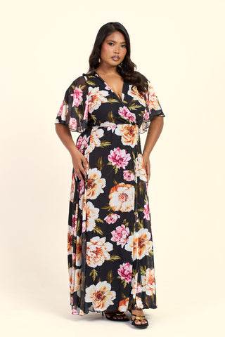 Curve Dark Floral Angel Sleeve Maxi Dress