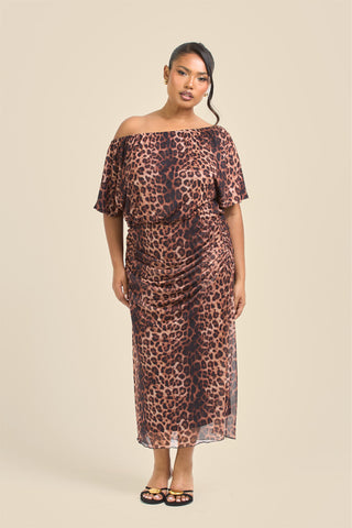 Curve Leopard Print Drop Shoulder Mesh Midi Dress