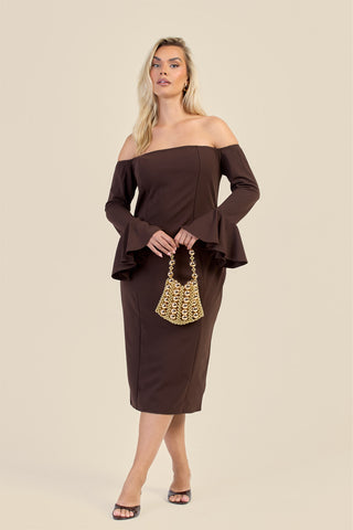 Curve Bardot Ruffle Sleeve Scuba Midi Dress