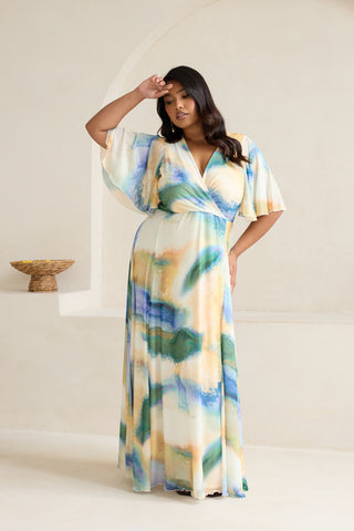 Curve Abstract Print Angel Sleeve Wrap Front Maxi Dress