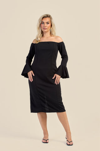 Curve Bardot Ruffle Sleeve Scuba Midi Dress