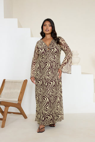 Curve Zebra Print Ring Detail Buttermilk Flare Sleeve Midi Dress