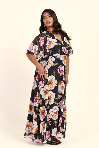 Curve Dark Floral Angel Sleeve Maxi Dress