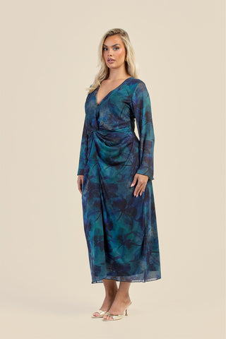 Curve Teal Floral Twist Front Mesh Midi Dress