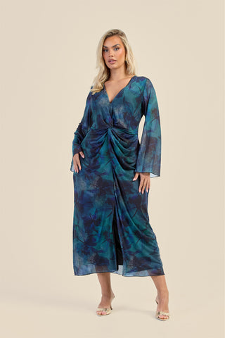 Curve Teal Floral Twist Front Mesh Midi Dress