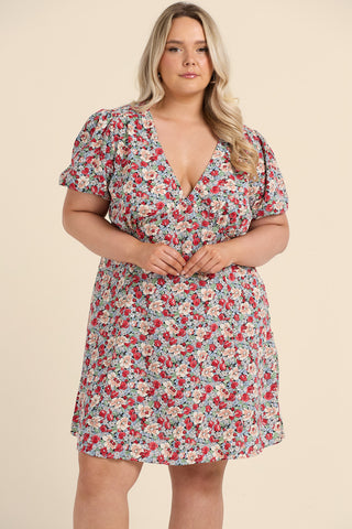 Curve Ditsy Print Puff Sleeve Mini Skater Dress