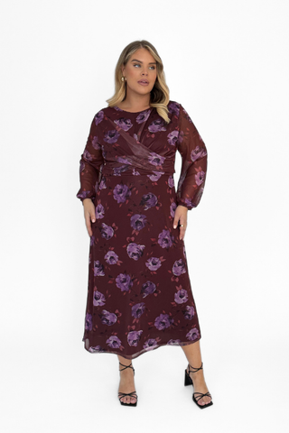 Curve mesh twist front floral midi dress in burgundy