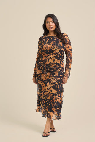 Curve Abstract Print Ruffle Hem Midi Midi Dress