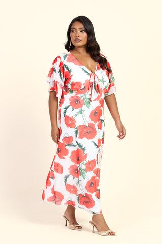 Curve Poppy Print Flutter Sleeve Tie Front V Neck Midi Dress