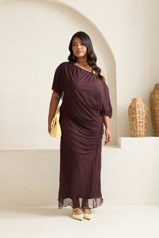 Curve Drop Shoulder Ruched Mesh Chocolate Midaxi Dress