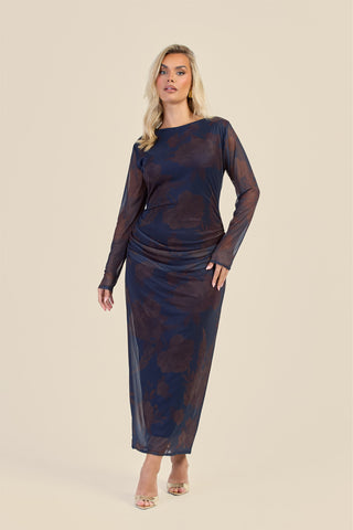 Curve Long Sleeve Ruched Midaxi Dress In Floral Print