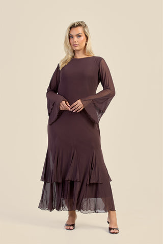 Curve Godet Skirt Flare Sleeve Mesh Maxi Dress