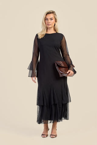 Curve Godet Skirt Flare Sleeve Mesh Maxi Dress