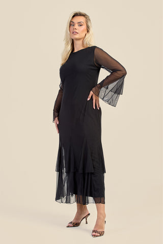 Curve Godet Skirt Flare Sleeve Mesh Maxi Dress