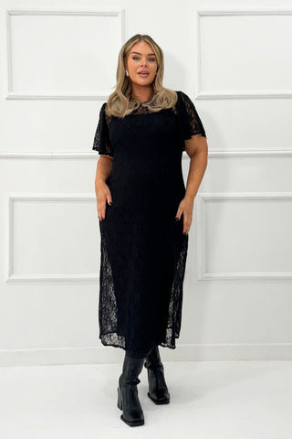 curve flutter sleeve lace black midi dress