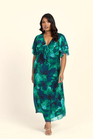 Curve Floral Green Abstract Tie Front Flutter Sleeve Midi Dress