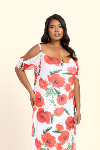 Curve Cold Shoulder Poppy Print Strappy Maxi Dress