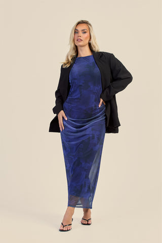 Curve Navy Abstract Ruched Mesh Midaxi Dress