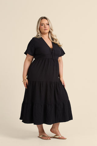 Curve Seersucker Tie Back Tired Midaxi Dress