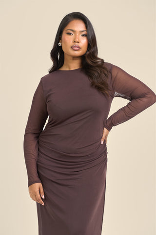 Curve long sleeve chocolate mesh midaxi dress