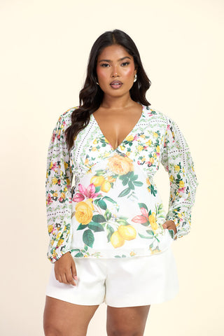 Curve Mixed Lemon Print Balloon Sleeve Blouse