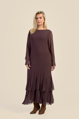 Curve Godet Skirt Flare Sleeve Mesh Maxi Dress